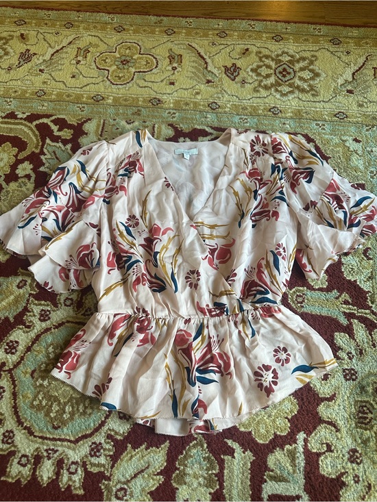 Joie Tops - Joie Cream Floral Wrap Peplum Top with Pink, Blue & Mustard Print